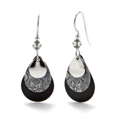 Silver Forest Black And Silver-Tone Layered Metal Teardrop Earrings