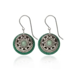 Silver Forest Green Stone And Silver-Tone Metal Flower Layered Drop Earrings