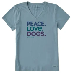 Life Is Good Peace Love Dogs Women's Blue-Gray V-Neck Tee, Medium