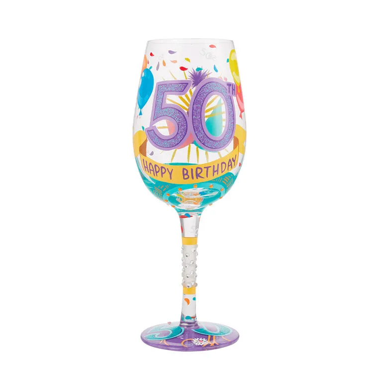 Lolita Happy 50th Birthday Handpainted Wine Glass, 15 Oz. 1 Lolita Happy 50th Birthday Handpainted Wine Glass, 15 Oz.