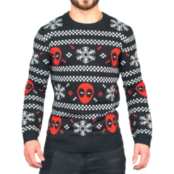 Deadpool Holiday Snow Stripes Ugly Christmas Sweater -Hallmark Shop DeadpoolHolidaySnowStripesUglyChristmasSweater DH394MAU1 DeadpoolSweater 078