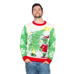 Dr Seuss Grinch As Santa Next To Tree Adult Off-White Ugly Christmas Sweater