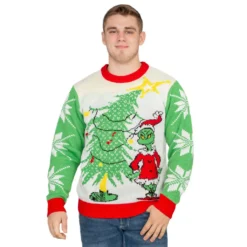 Dr Seuss Grinch As Santa Next To Tree Adult Off-White Ugly Christmas Sweater -Hallmark Shop DrSeussGrinchAsSantaNextToTreeAdultOff WhiteSweater DS197 UglySweater 64