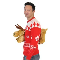 Red 3-D Ugly Christmas Sweater With Stuffed Moose