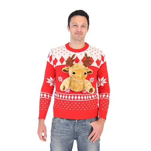 Red 3-D Ugly Christmas Sweater With Stuffed Moose 3 Red 3-D Ugly Christmas Sweater With Stuffed Moose - Image 3