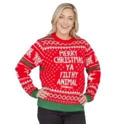 Women's Merry Christmas Ya Filthy Animal Snowflake And Reindeer Ugly Christmas Sweater