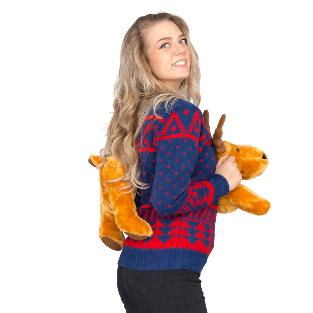 Women's Navy 3-D Christmas Sweater With Stuffed Moose Ugly Christmas Sweater 3 Women's Navy 3-D Christmas Sweater With Stuffed Moose Ugly Christmas Sweater - Image 3