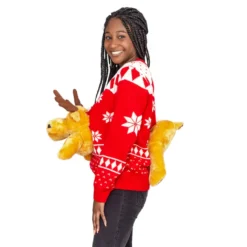 Women's Red 3-D Ugly Christmas Sweater With Stuffed Moose -Hallmark Shop Red3 DChristmasSweaterwithStuffedMoose ucs3d003 103