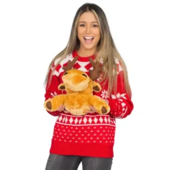 Women's Red 3-D Ugly Christmas Sweater With Stuffed Moose