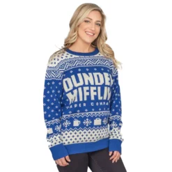 Women's The Office Dunder Mifflin Blue Ugly Christmas Sweater -Hallmark Shop TheOfficeDunderMifflinUglyChristmasSweater OESM2439TV DunderMifflinSweater 48