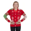 Women's Candy Canes And Snowflakes Button Up Ugly Christmas Sweater With Bowtie