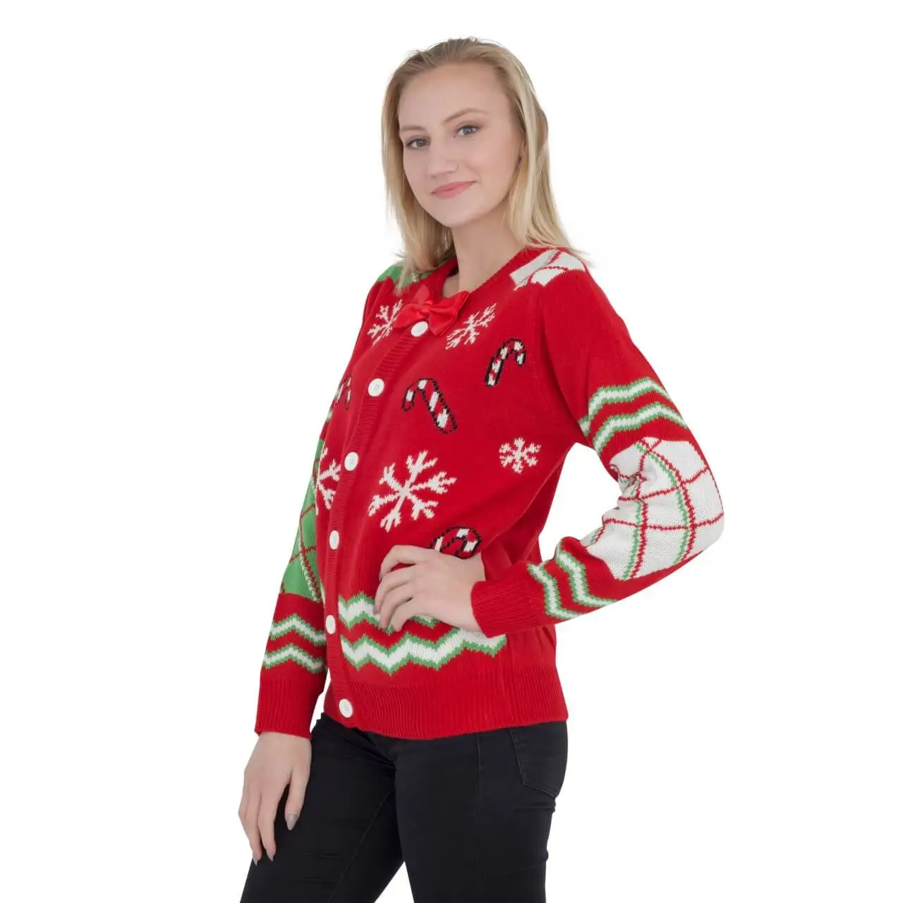 Women's Candy Canes And Snowflakes Button Up Ugly Christmas Sweater With Bowtie 3 Women's Candy Canes And Snowflakes Button Up Ugly Christmas Sweater With Bowtie - Image 3
