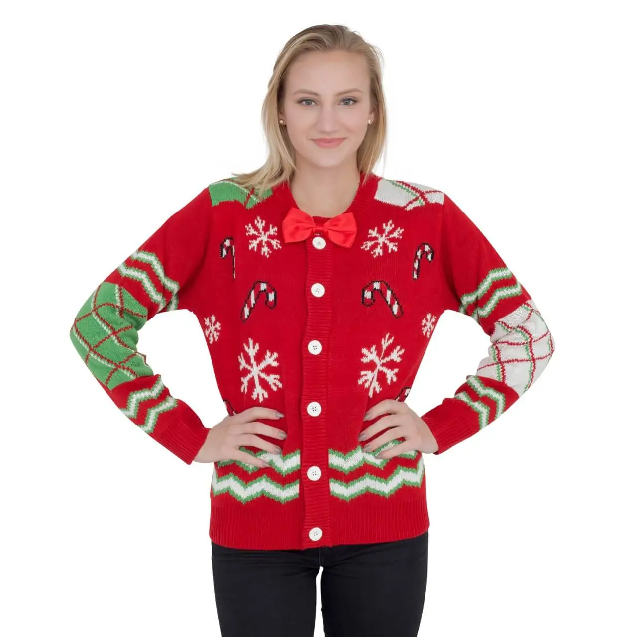 Women's Candy Canes And Snowflakes Button Up Ugly Christmas Sweater With Bowtie 1 Women's Candy Canes And Snowflakes Button Up Ugly Christmas Sweater With Bowtie