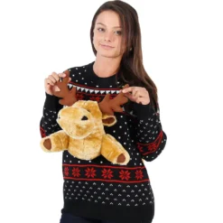 Women's Black 3-D Sweater With Stuffed Moose Ugly Christmas Sweater