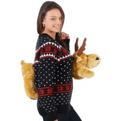 Women's Black 3-D Sweater With Stuffed Moose Ugly Christmas Sweater 6 Women's Black 3-D Sweater With Stuffed Moose Ugly Christmas Sweater -Hallmark Shop Womens Black 3D Sweater with Stuffed Moose Side