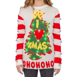 Women's I Love Xmas HOHOHO Grinch Light Up (LED) Christmas Tree And Star Ugly Christmas Sweater -Hallmark Shop Womens I Love Xmas HOHOHO Grinch Light Up LED Christmas Tree and Star Ugly Christmas Sweater 1
