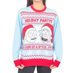 Womens's Rick And Morty Holiday Party Light Blue Ugly Christmas Sweater