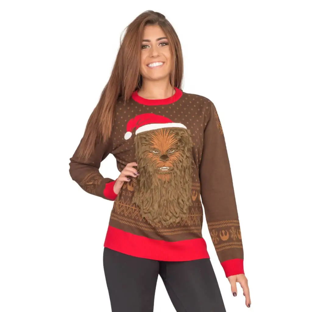 Women's Star Wars Chewbacca Furry Face With Santa Hat Ugly Christmas Sweater 3 Women's Star Wars Chewbacca Furry Face With Santa Hat Ugly Christmas Sweater - Image 3