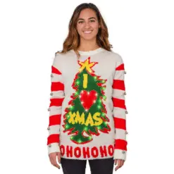 Women's I Love Xmas HOHOHO Grinch Light Up (LED) Christmas Tree And Star Ugly Christmas Sweater