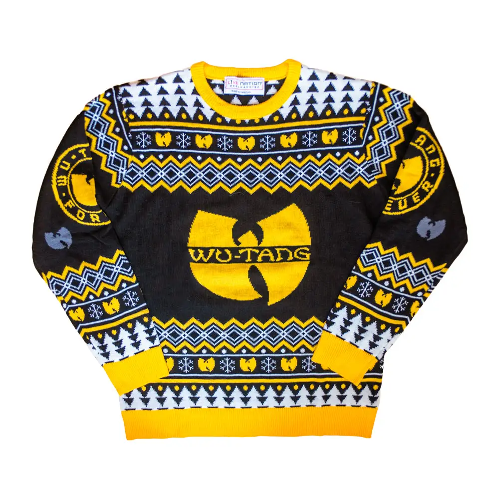 Wu Tang Clan Logo Snowflakes Yellow Black White Ugly Christmas Sweater 1 Wu Tang Clan Logo Snowflakes Yellow Black White Ugly Christmas Sweater